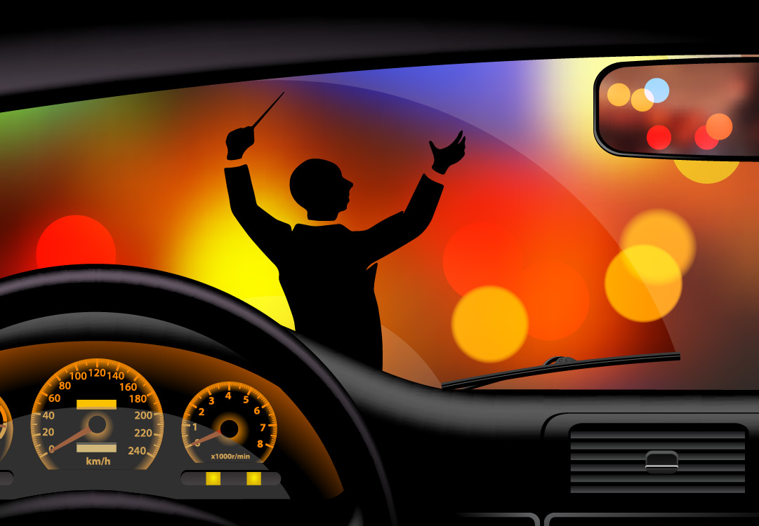 Conductor seen through dashboard of car represents Luminous Voices car concert in High River Alberta