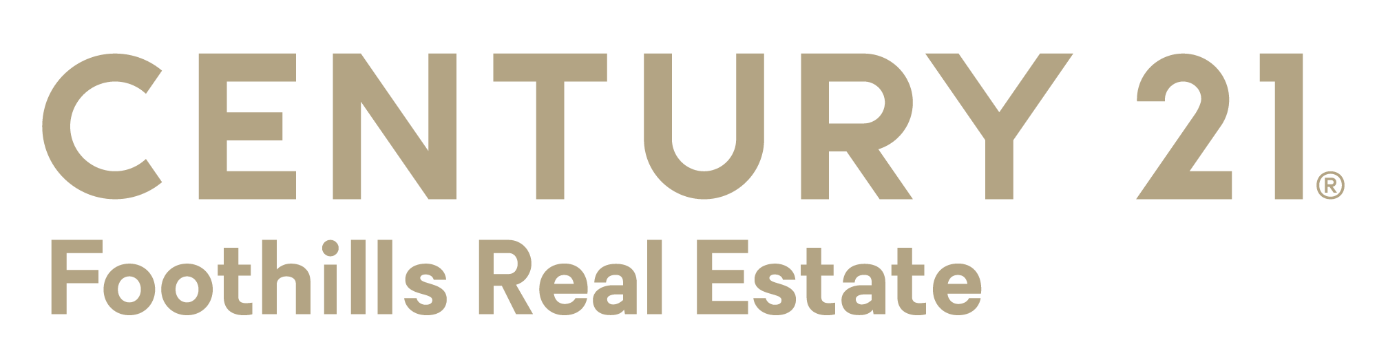 Gold letters on white background showing logo of Century 21 Foothills Real Estate, sponsor