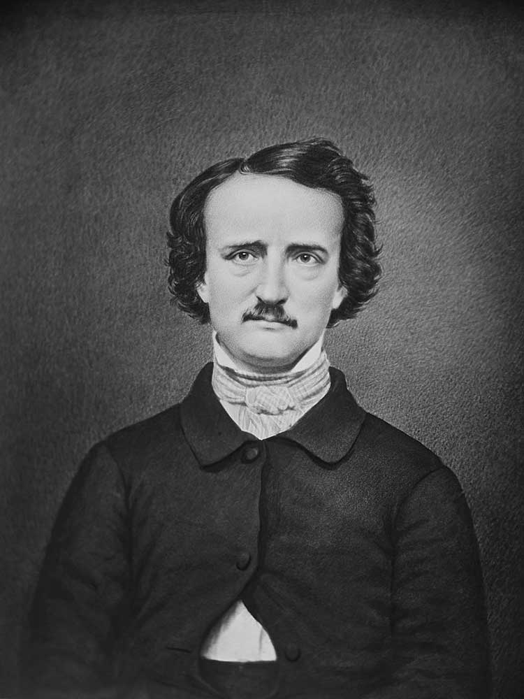 Daguerotype black and white image of Edgar Allan Poe by Matthew Ben Brady