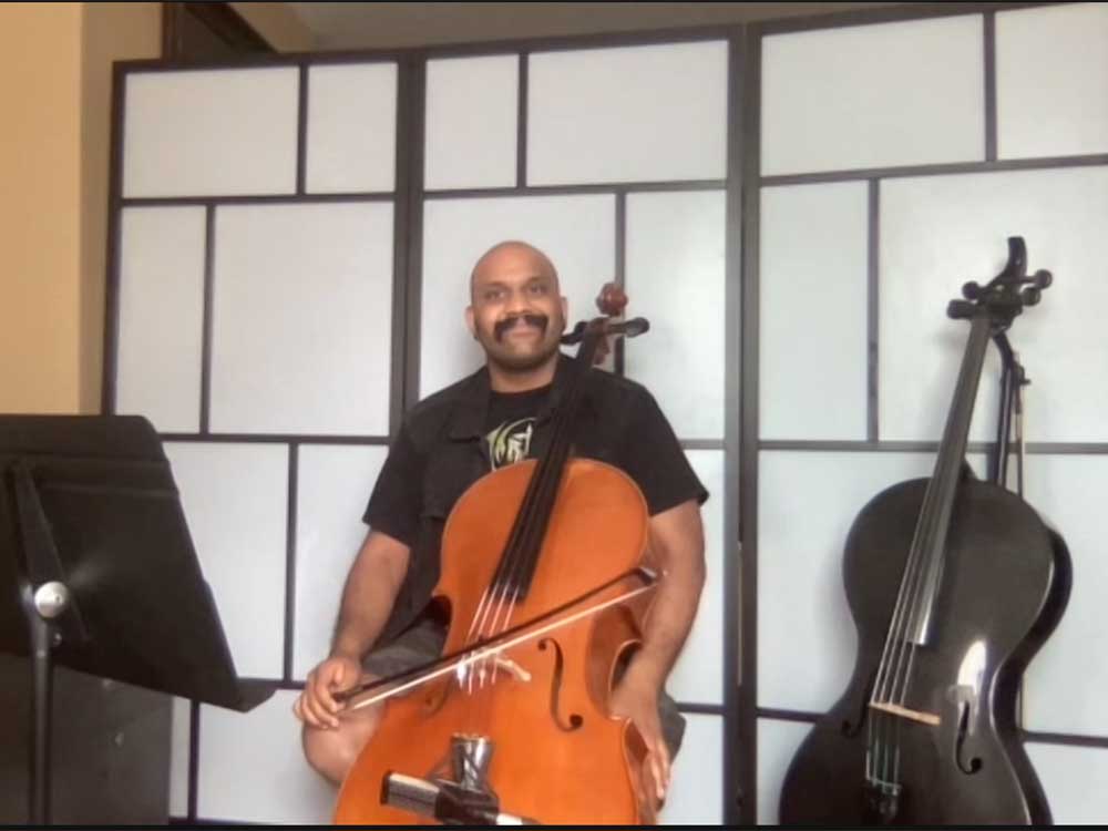 Amahl Arulanandam of VC2 Cello Duo in a virtual masterclass