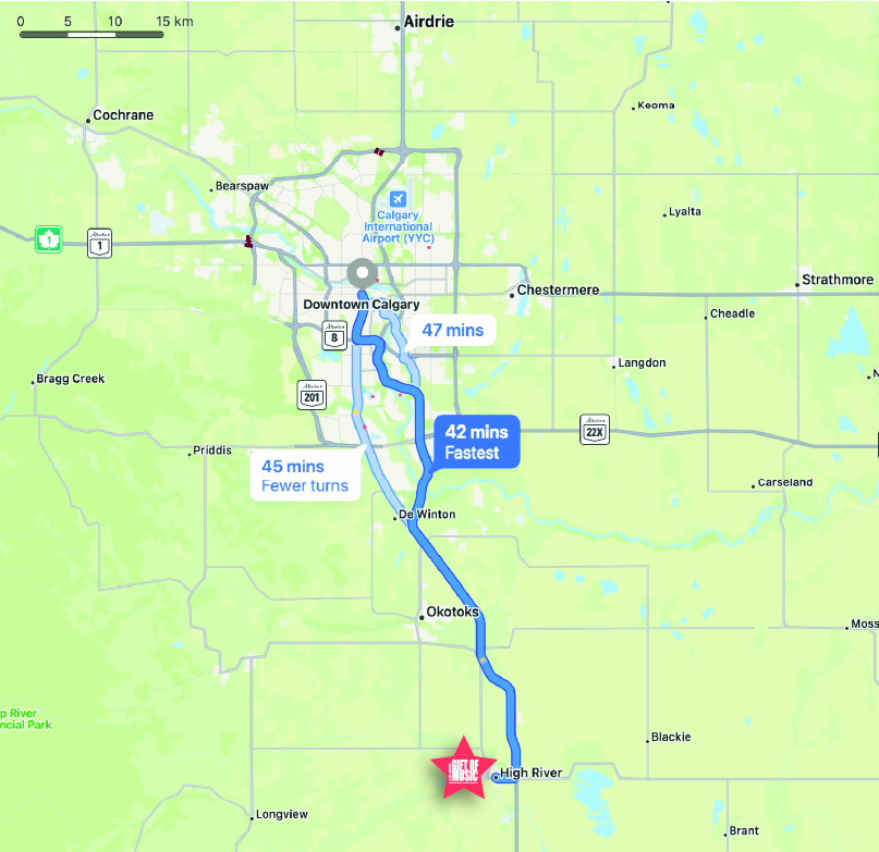 map showing drive from downtown Calgary to High River